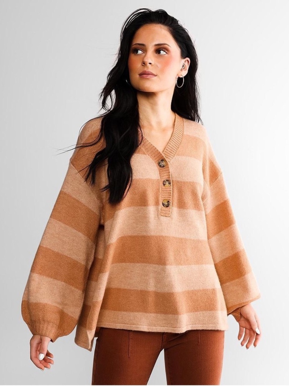 Billabong Striped V-Neck Henley Sweater | Tan Camel | Small